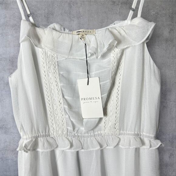 New Promesa Chiffon‎ Maxi White Ruffle Bodice Adjustable Straps Dress Medium - Picture 6 of 13